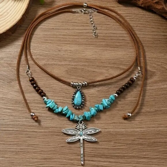 Two-Piece Bohemian Pendant Necklace Set Dragonfly Turquois Beads Faux Leather - Picture 2 of 10